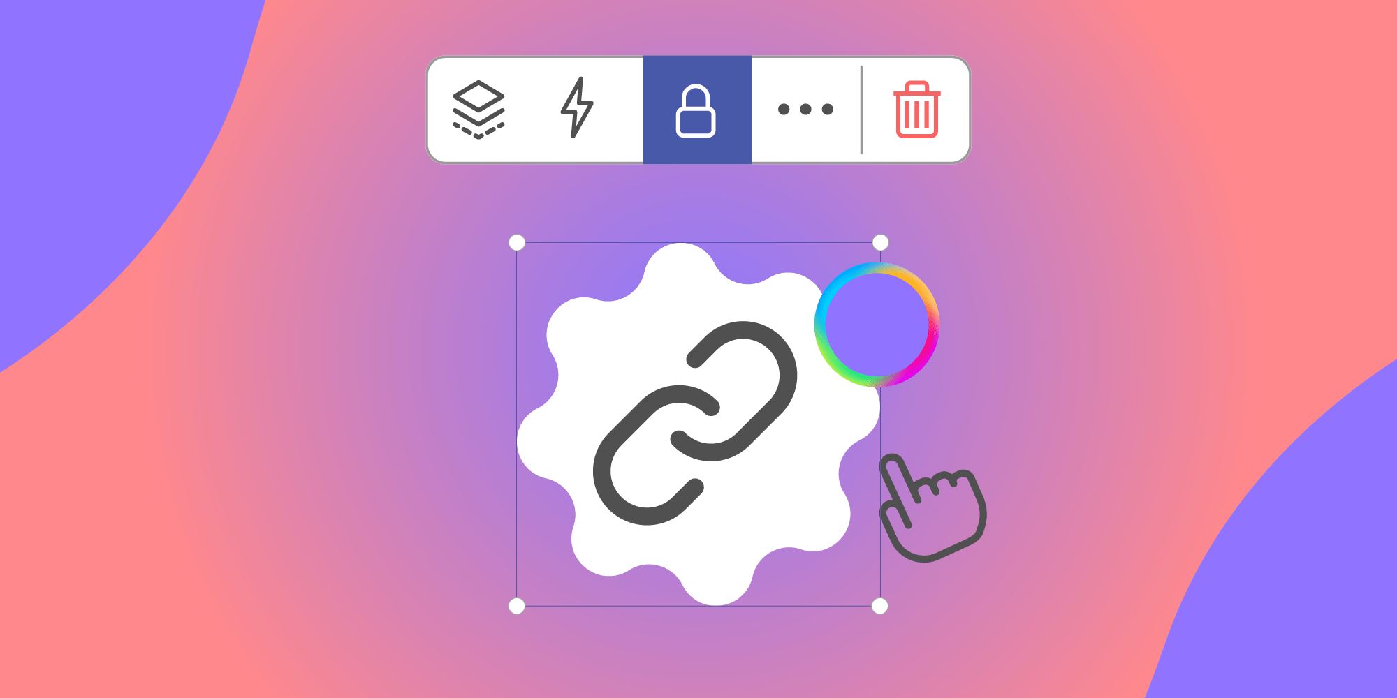 A set of Explain Everything interface elements: new context menu, link icon, Hand Tool icon, and object handles around a shape