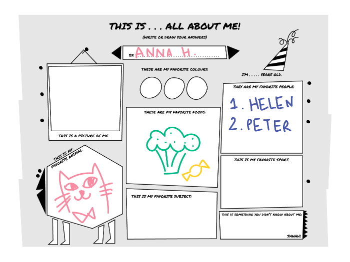 A template created using Explain Everything titled ‘THIS IS… ALL ABOUT ME!’ with several boxes for people to write or draw information. These boxes have different titles, including “This is a picture of me”, “This is my favorite animal” (which has a cat drawn in), “These are my favorite foods” (which has a drawing of broccoli and a sweet), “This is my favorite subject”, “They are my favorite people” (with 1. HELEN and 2. PETER written below), “This is my favorite sport”, and “This is something you didn’t know about me”. There is also space to draw your favorite colors, fill in how old you are, and write your name.