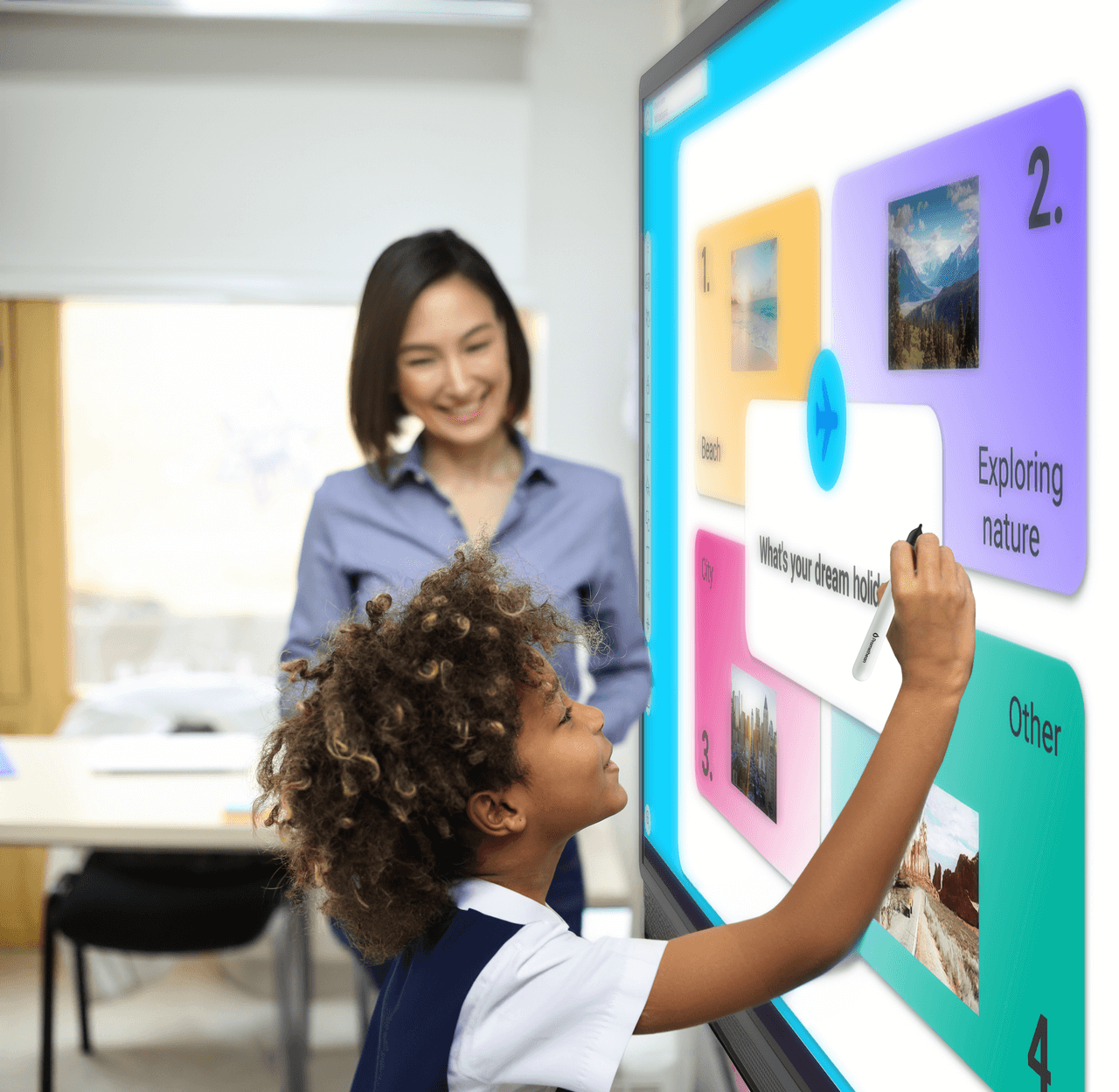 A young schoolgirl is using an interactive whiteboard while her teacher observes with an eager smile.